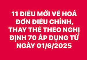 11 ĐIỂM MỚI VỀ HÓA ĐƠN ĐIỀU CHỈNH, THAY THẾ THEO NGHỊ ĐỊNH 70 ÁP DỤNG TỪ NGÀY 01/6/2025